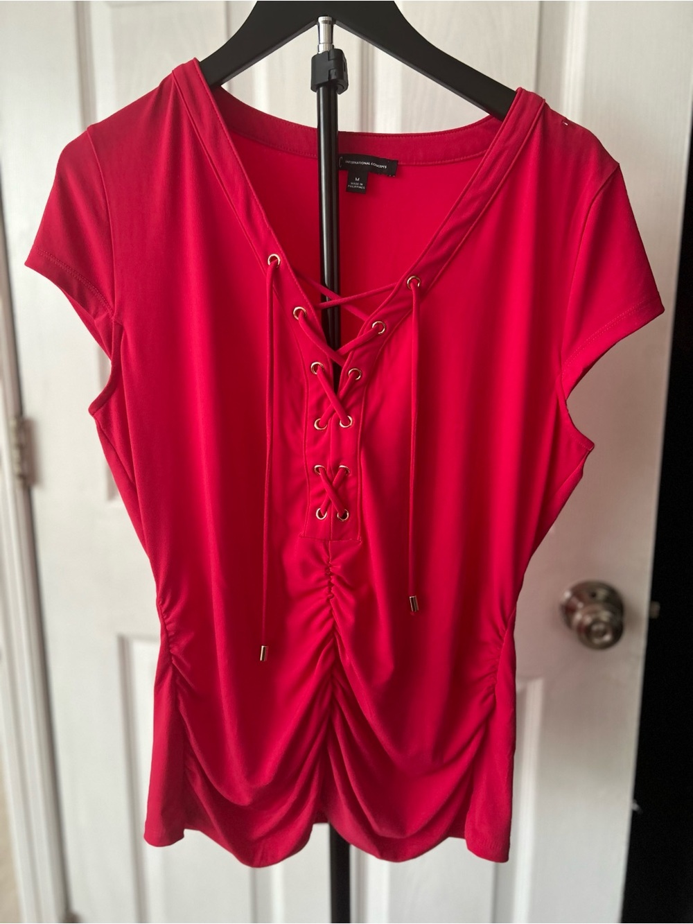 INC International Concepts Red Lace-Up Ruched Top size medium